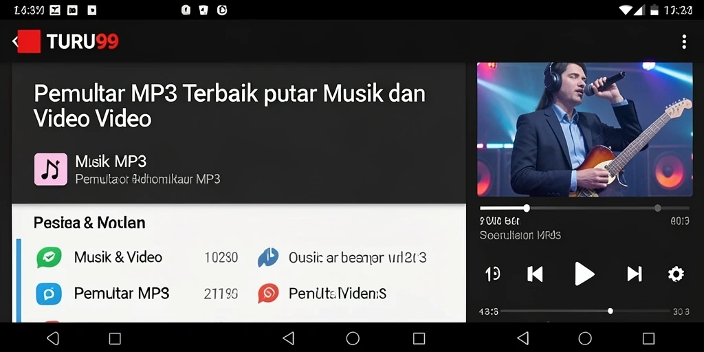 Tampilan antarmuka TURU99 yang sederhana dan elegan untuk Pemutar MP3.